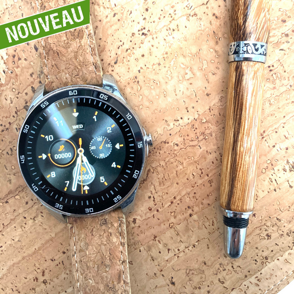 Montre connectée en liège - montre en liège - smartwatch en liège - montre homme en liège - montre vegan connectée - montre urban - montre classe - grosse montre - montre cardio - podomètre en liège - fréquence cardiaque - montre bluetooth liège - montre Portugal 