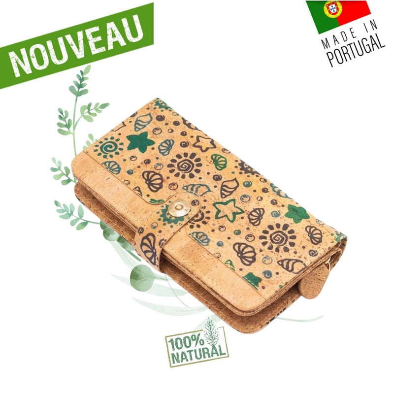 portefeuille liège portugal - portefeuille en liège femme - portefeuille vegan en liège - portefeuille vegan grand format - portefeuille ethnic - idée cadeau - portefeuille coquillages femme