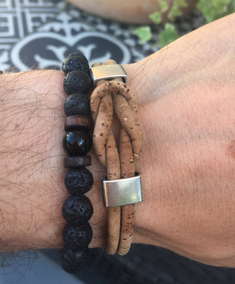 Bracelet Perles de Lave pour Homme et perle en bois sur Élastique